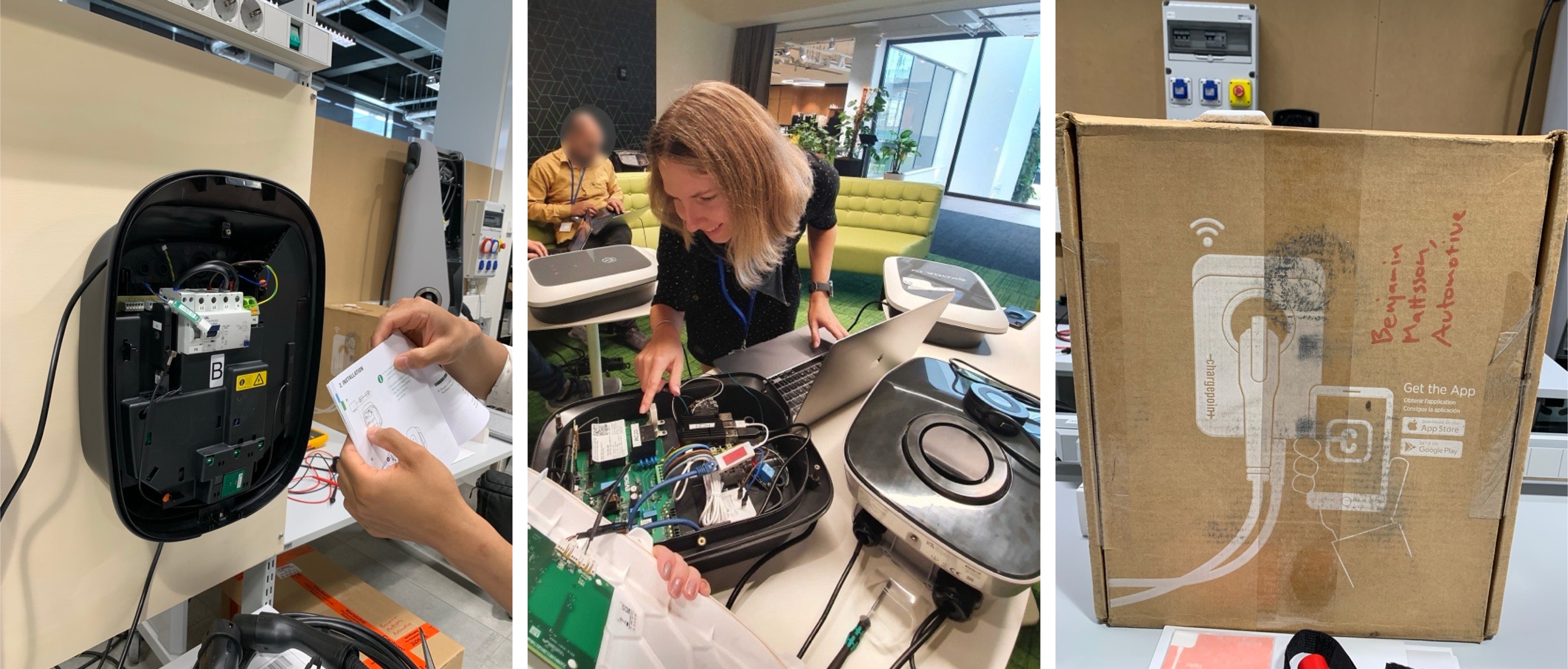 Photos of testing testing competitor charging stations and early EVBox prototypes