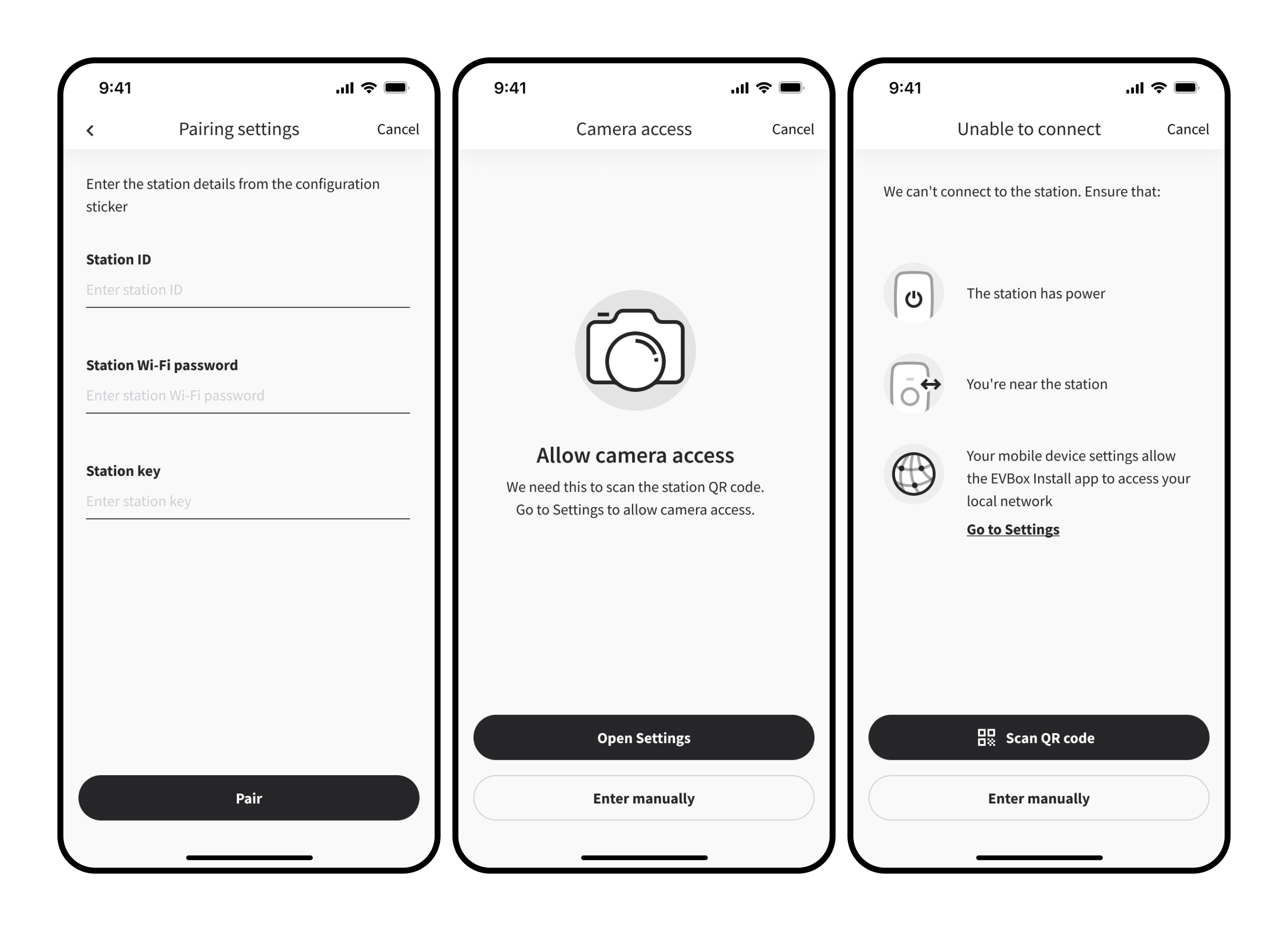 Edge case screens: manual pairing input, camera access denied, unable to connect