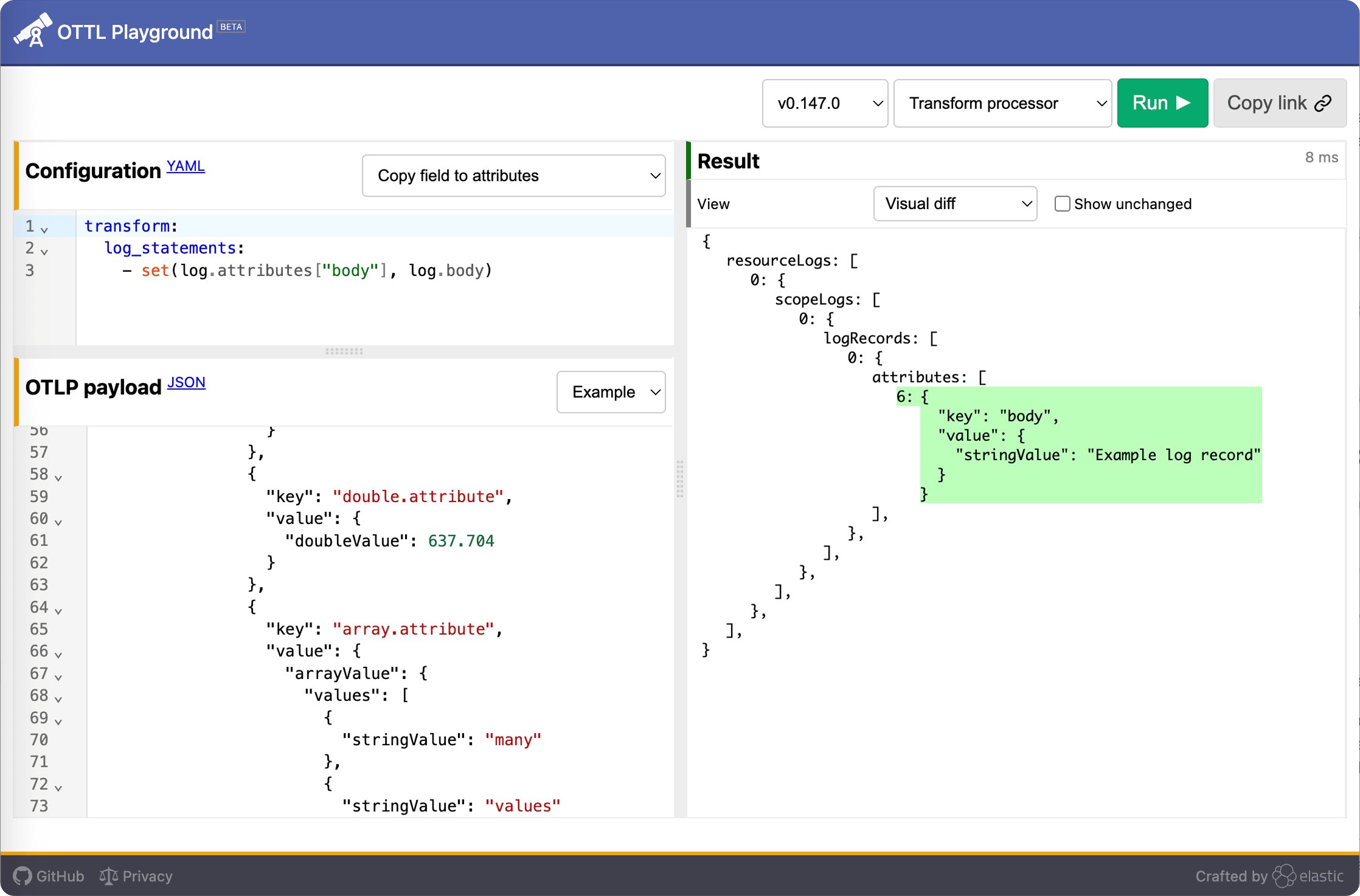 An example of another data transformation playground — ottl.run